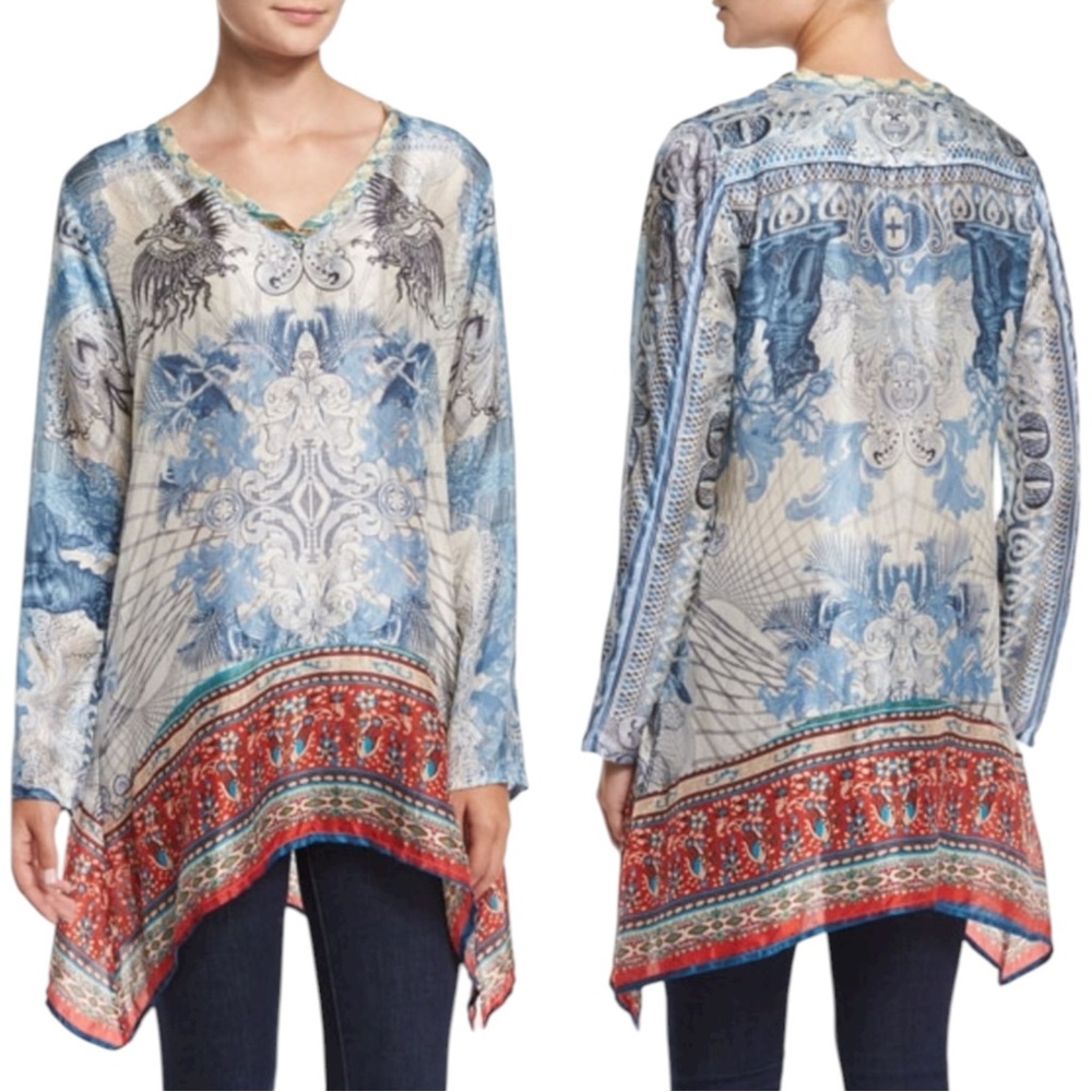 Johnny Was Bohemian Art to Wear Currency Print Silk Tunic Top Size Medium - Picture 6 of 17